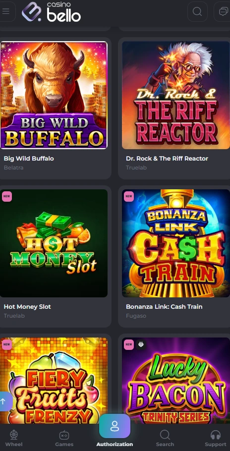 casinobello mobile games page