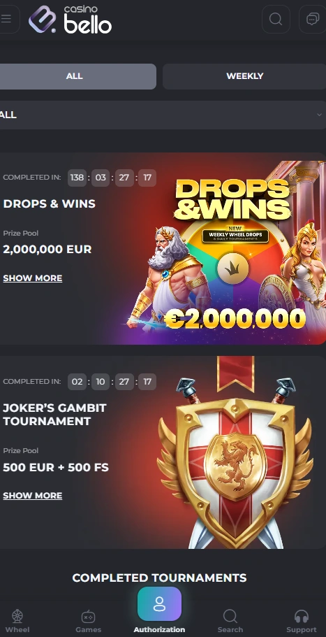 casinobello mobile tournaments page